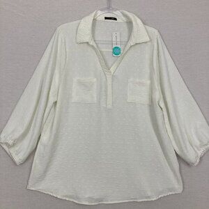 New Papermoon White Swiss Dot 3/4 Sleeve V Neck Preppy Popover Top XXL Office
